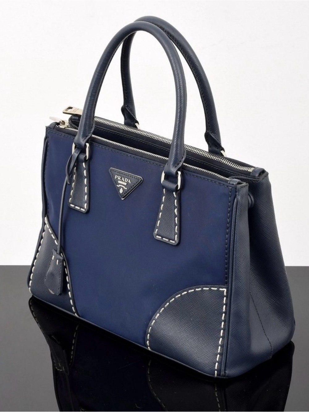 Prada Navy Saffiano and Nylon Dual-Handle Satchel